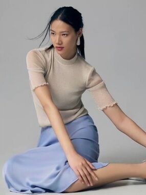 Anthropologie Lurex Mesh Top Mock Neck Lettuce Edge Knit Top
